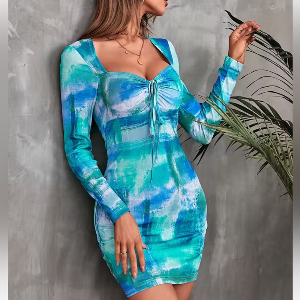 New Colleen Tie Dye Long Sleeve Dress Blue Green